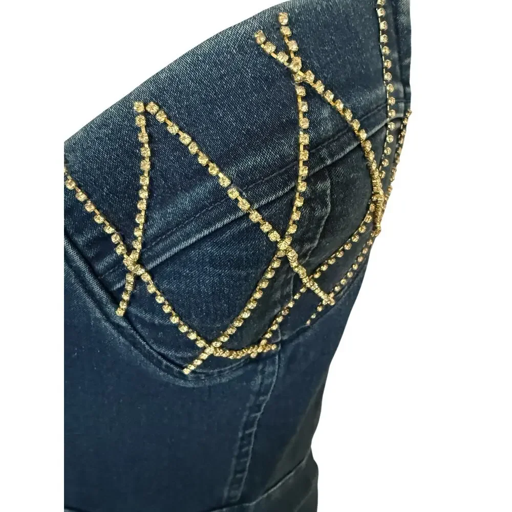 Haute Monde Demin Blue Jean Stretchy Jumpsuit w/Rhinestone Bustline. L - Picture 7 of 10